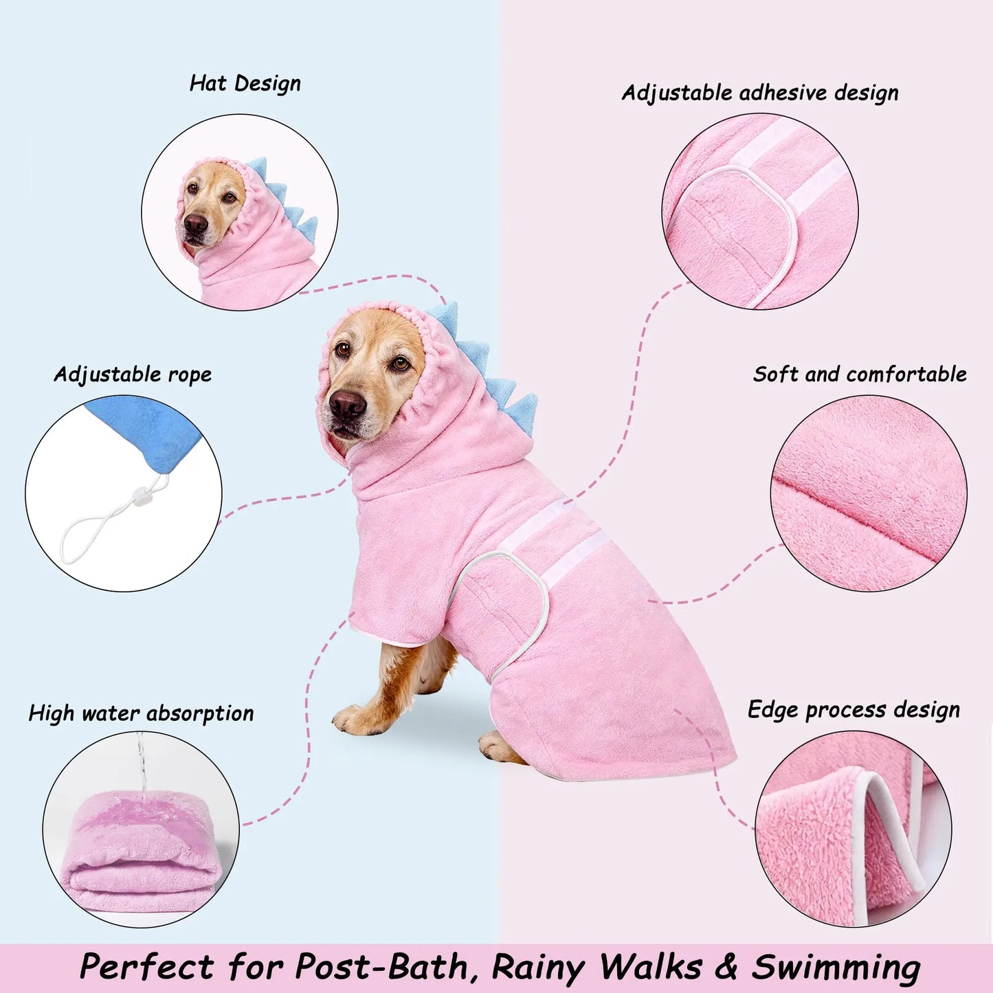 Dinosaur-Themed Quick-Dry Super-Absorbent Dog Bathrobe with Adjustable Straps - Available in Multiple Sizes for Small, Medium, and Large Dogs