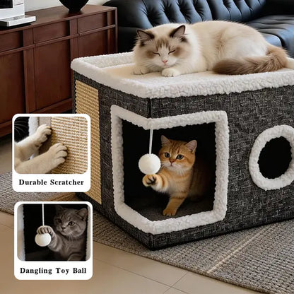 Premium Foldable Cat Cave Bed | Soft Indoor Hideaway with Scratch Pad & Hanging Plush Toy
