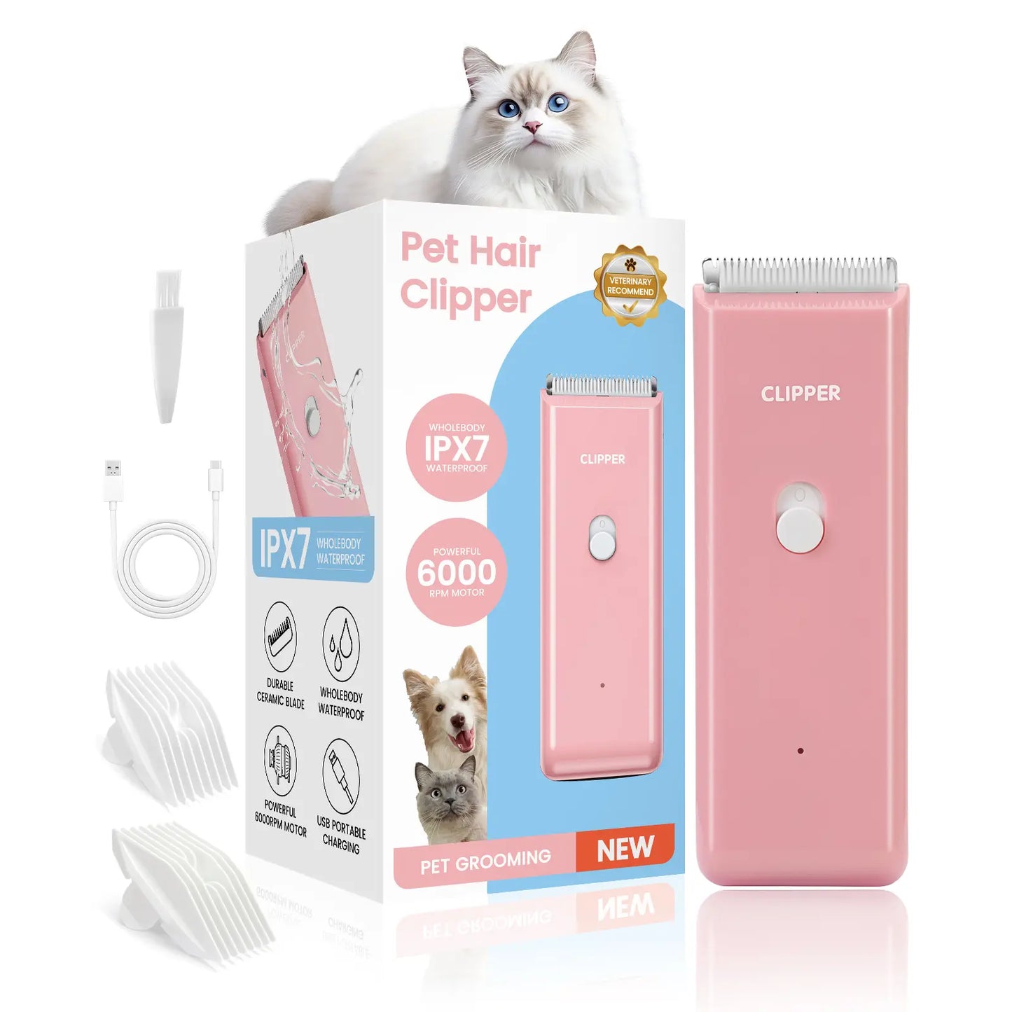 Professional Low Noise Rechargeable Cordless Pet Clippers for Dog and Cat Grooming with Ceramic Blade, Ideal for Matted and Long Hair