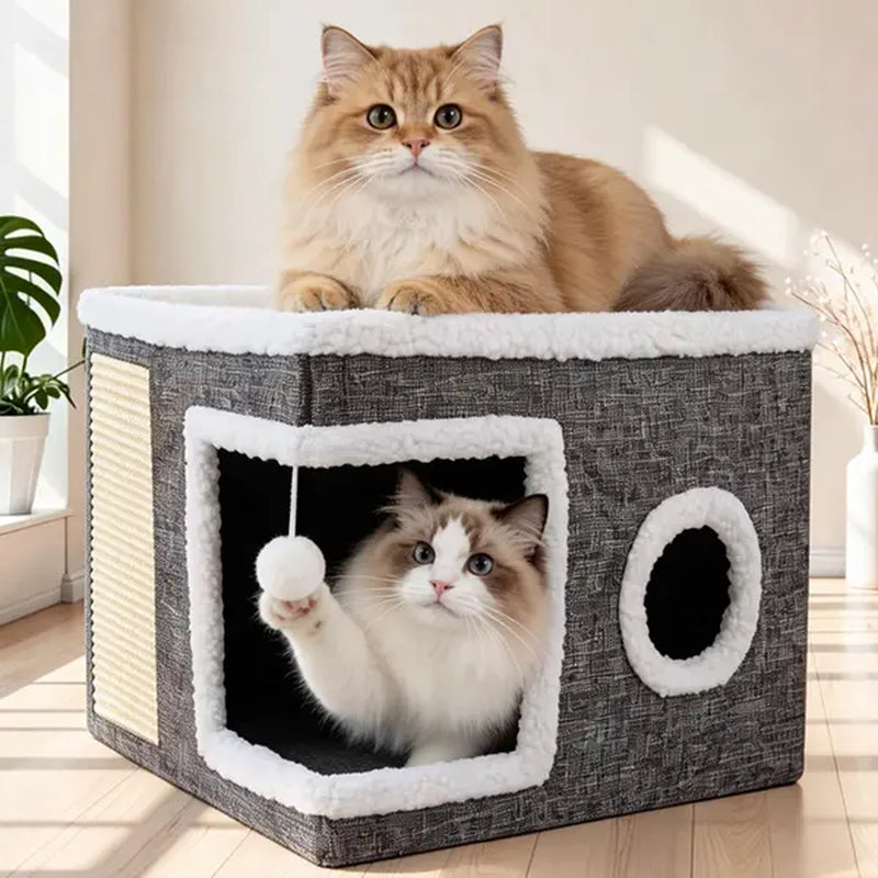 Premium Foldable Cat Cave Bed | Soft Indoor Hideaway with Scratch Pad & Hanging Plush Toy