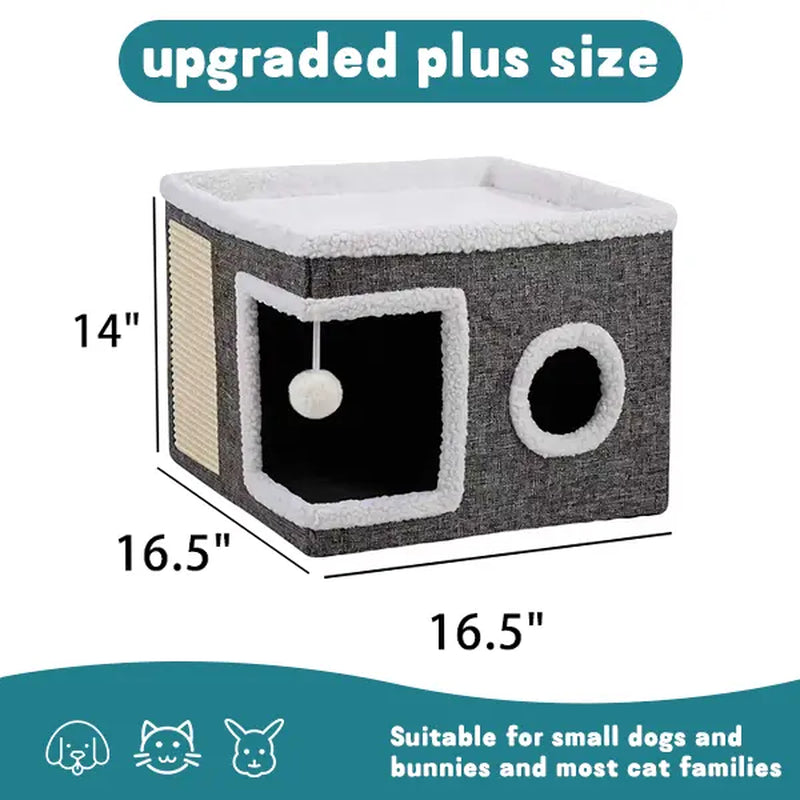 Premium Foldable Cat Cave Bed | Soft Indoor Hideaway with Scratch Pad & Hanging Plush Toy