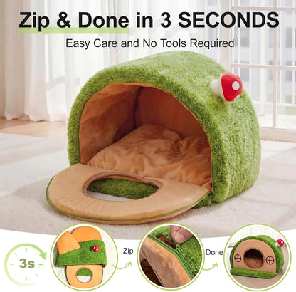 Crystal Velvet Enclosed Cat Bed - Cozy Hideaway Tent with Removable Washable Cushion and Anti-Slip Base for Indoor Cats