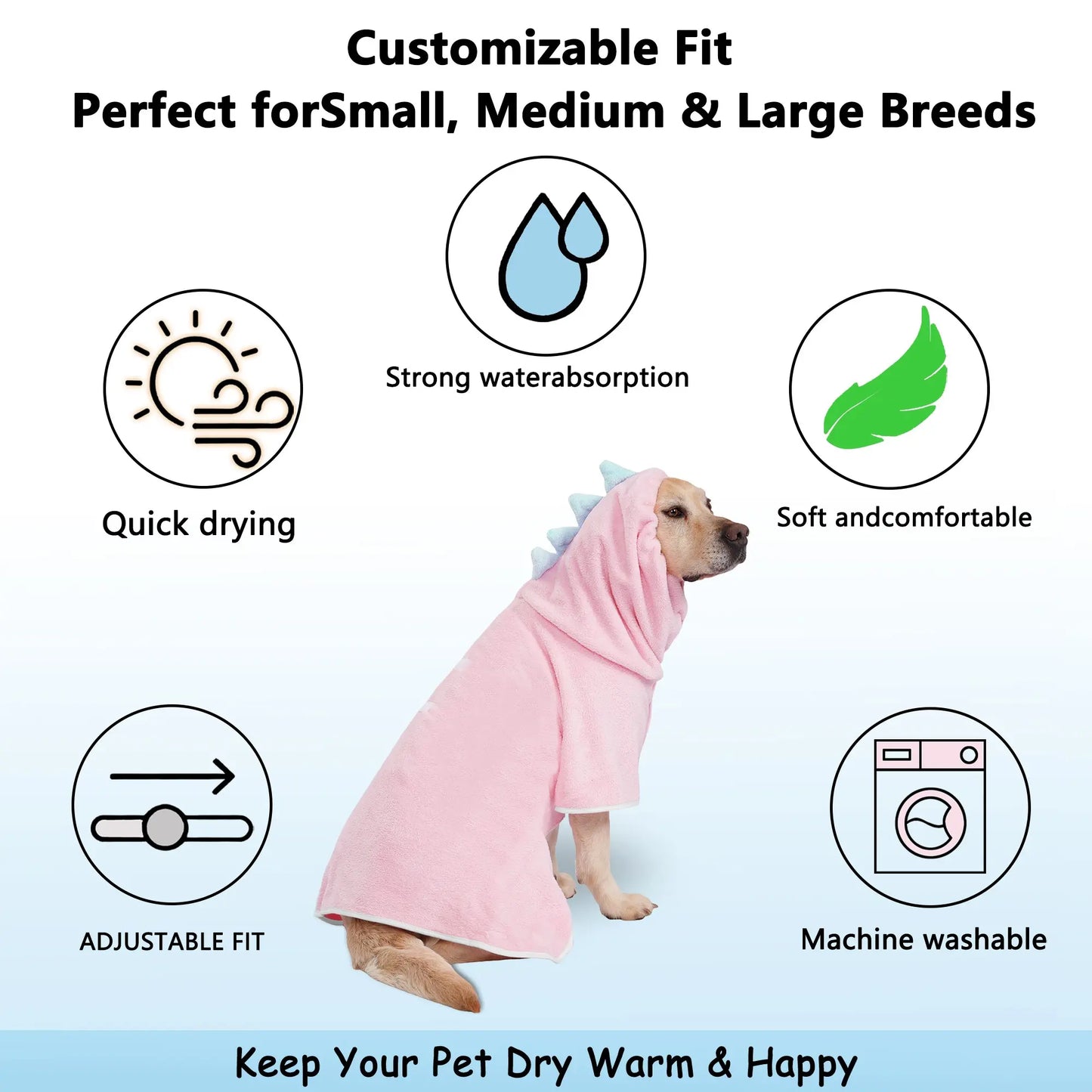 Dinosaur-Themed Quick-Dry Super-Absorbent Dog Bathrobe with Adjustable Straps - Available in Multiple Sizes for Small, Medium, and Large Dogs