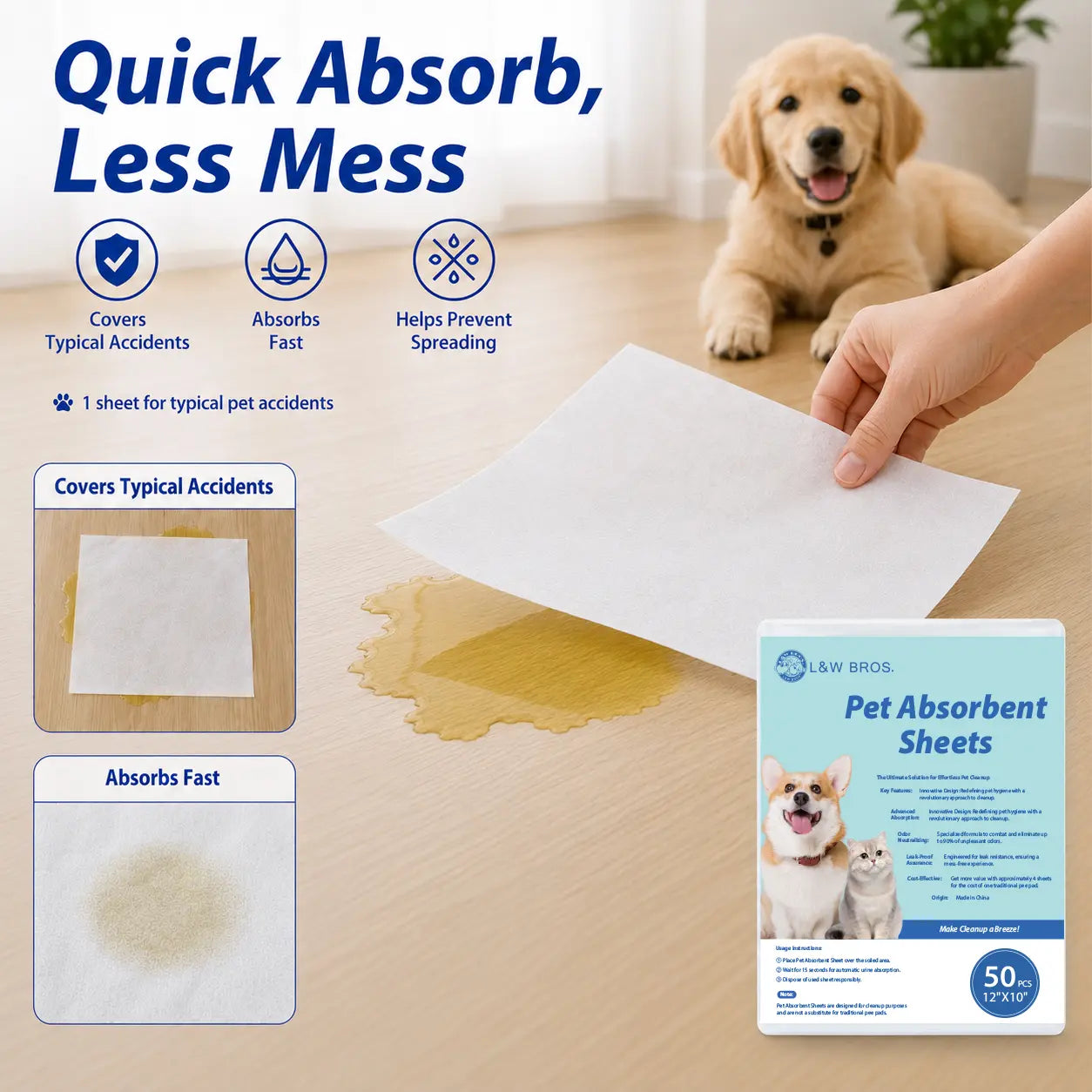 L&W BROS. Pet Absorbent Sheets for Emergency Dog Urine Cleanup on Hardwood Floors - Rapid Liquid Lock and Odor Control Solution