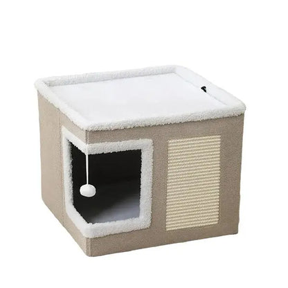 Premium Foldable Cat Cave Bed | Soft Indoor Hideaway with Scratch Pad & Hanging Plush Toy