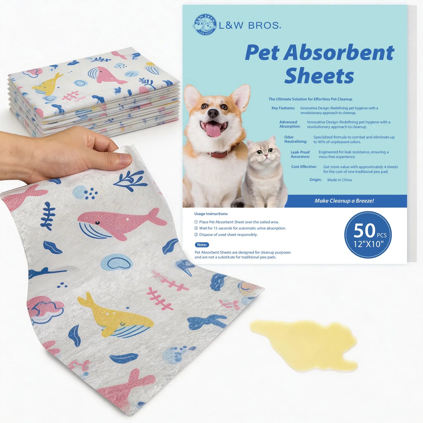 L&W BROS. Pet Absorbent Sheets for Emergency Dog Urine Cleanup on Hardwood Floors - Rapid Liquid Lock and Odor Control Solution