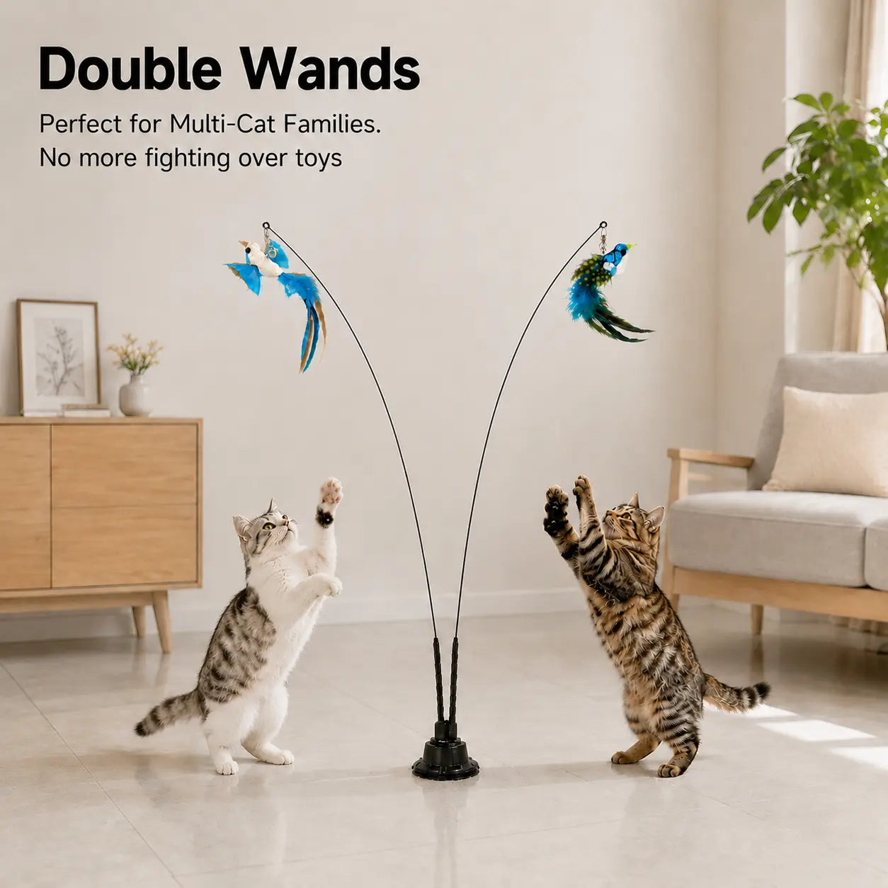 2-in-1 Interactive Cat Toy | Suction Cup Feather Wand with Dual Play Modes for Indoor Cats