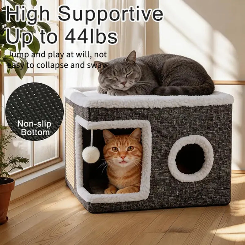 Premium Foldable Cat Cave Bed | Soft Indoor Hideaway with Scratch Pad & Hanging Plush Toy