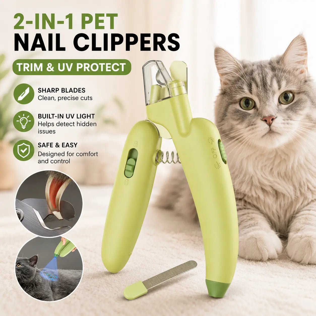 Professional Pet Nail Trimmer | LED Light, UV Lamp & Built-In Nail File for Safe Grooming