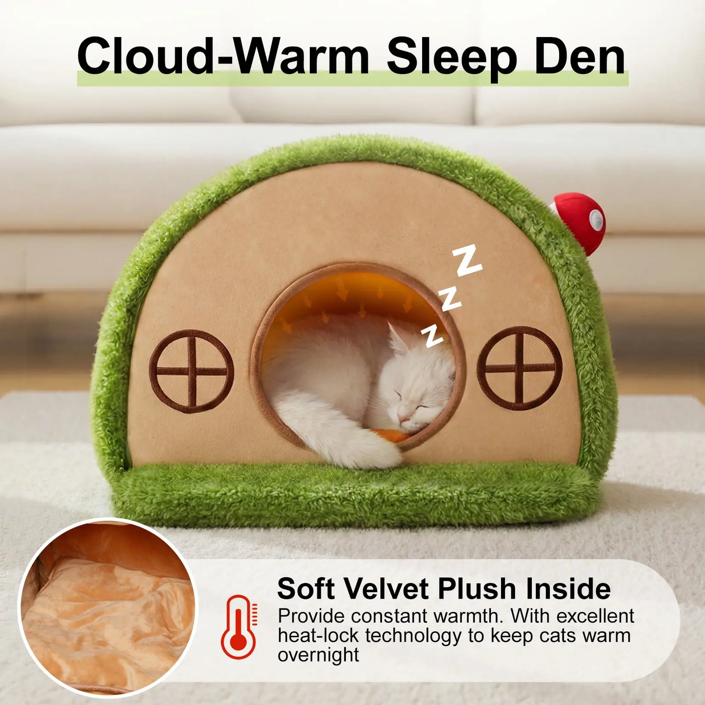 Crystal Velvet Enclosed Cat Bed - Cozy Hideaway Tent with Removable Washable Cushion and Anti-Slip Base for Indoor Cats