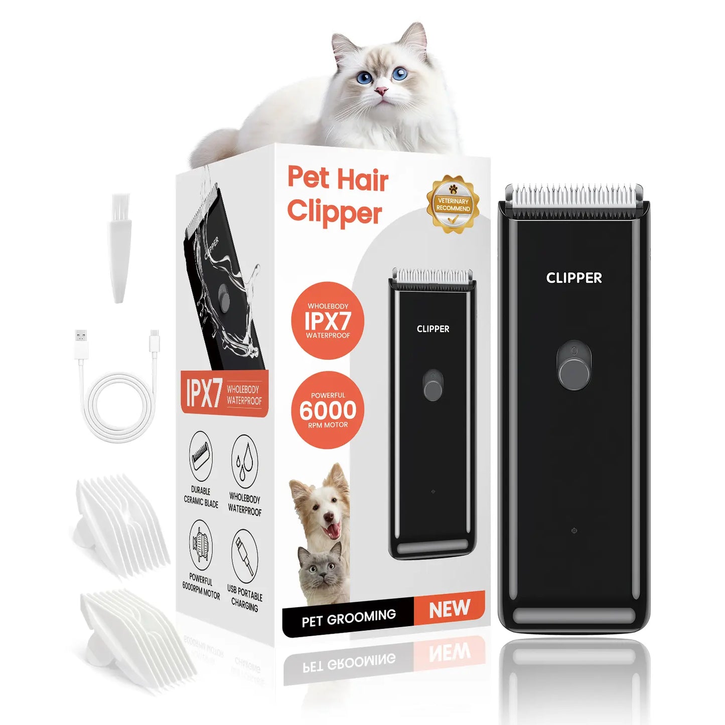 Professional Low Noise Rechargeable Cordless Pet Clippers for Dog and Cat Grooming with Ceramic Blade, Ideal for Matted and Long Hair