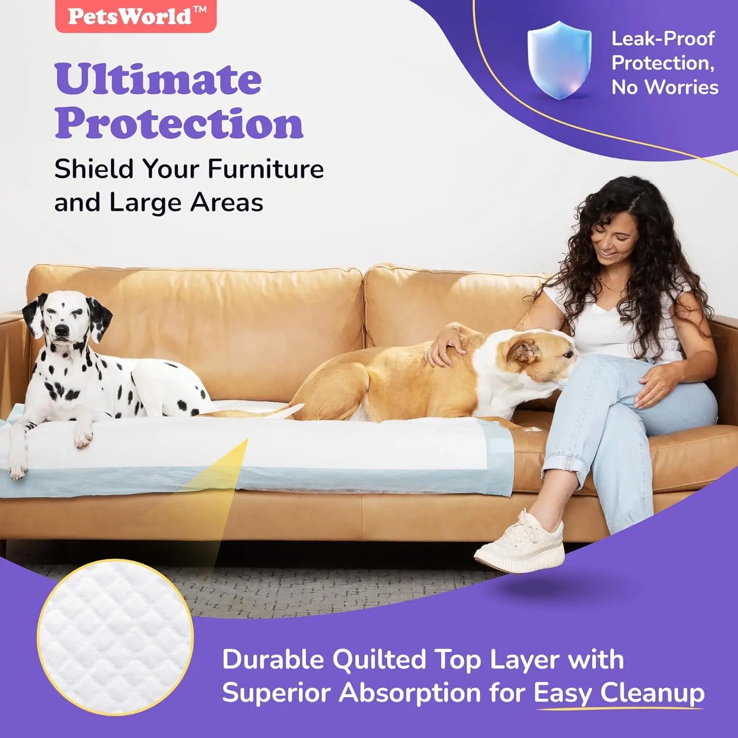Petsworld Extra Large Dog Training and Potty Pads, 37 x 54 Inches - Durable Tear-Resistant Design with Leak-Proof Backing and Optional Adhesive Tape