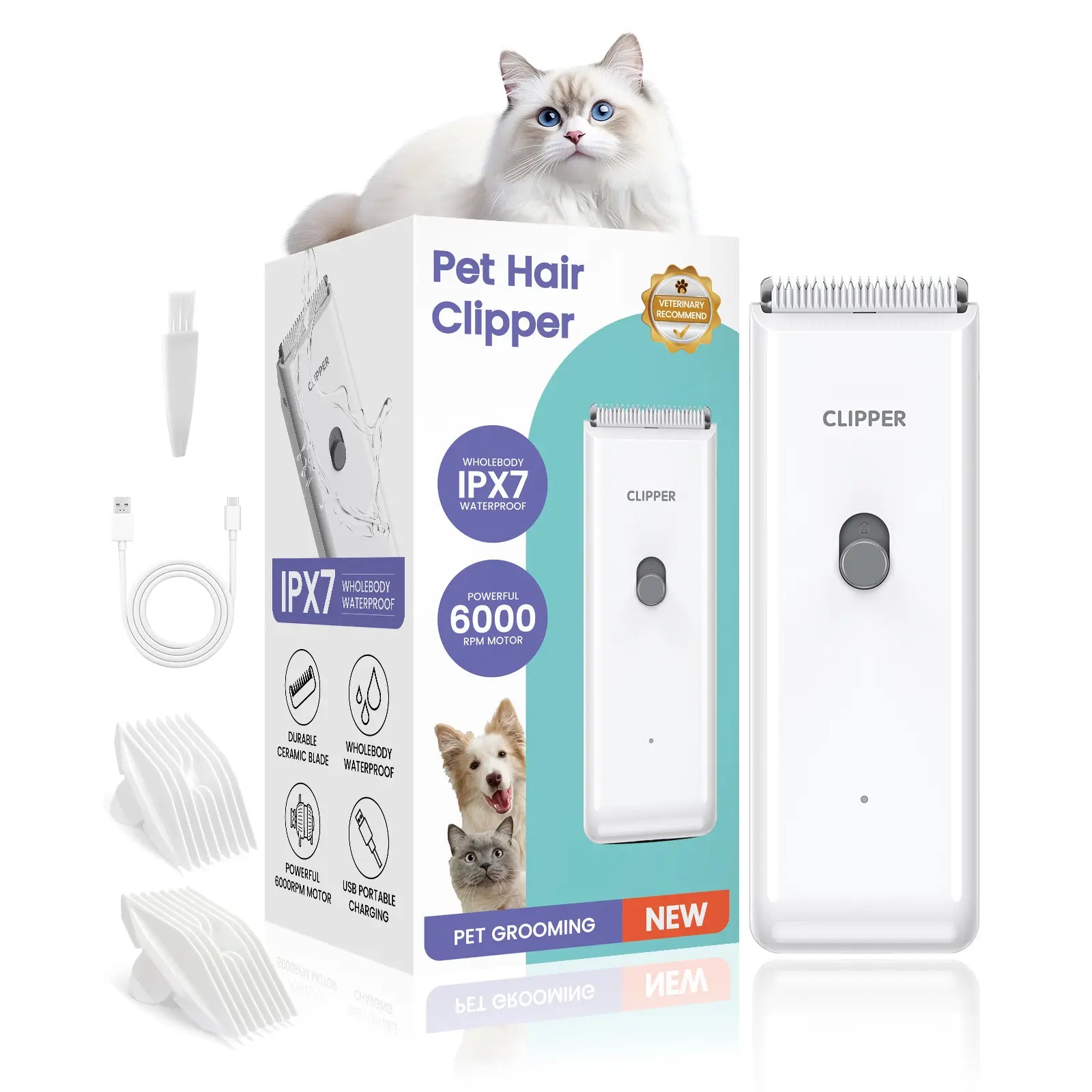 Professional Low Noise Rechargeable Cordless Pet Clippers for Dog and Cat Grooming with Ceramic Blade, Ideal for Matted and Long Hair