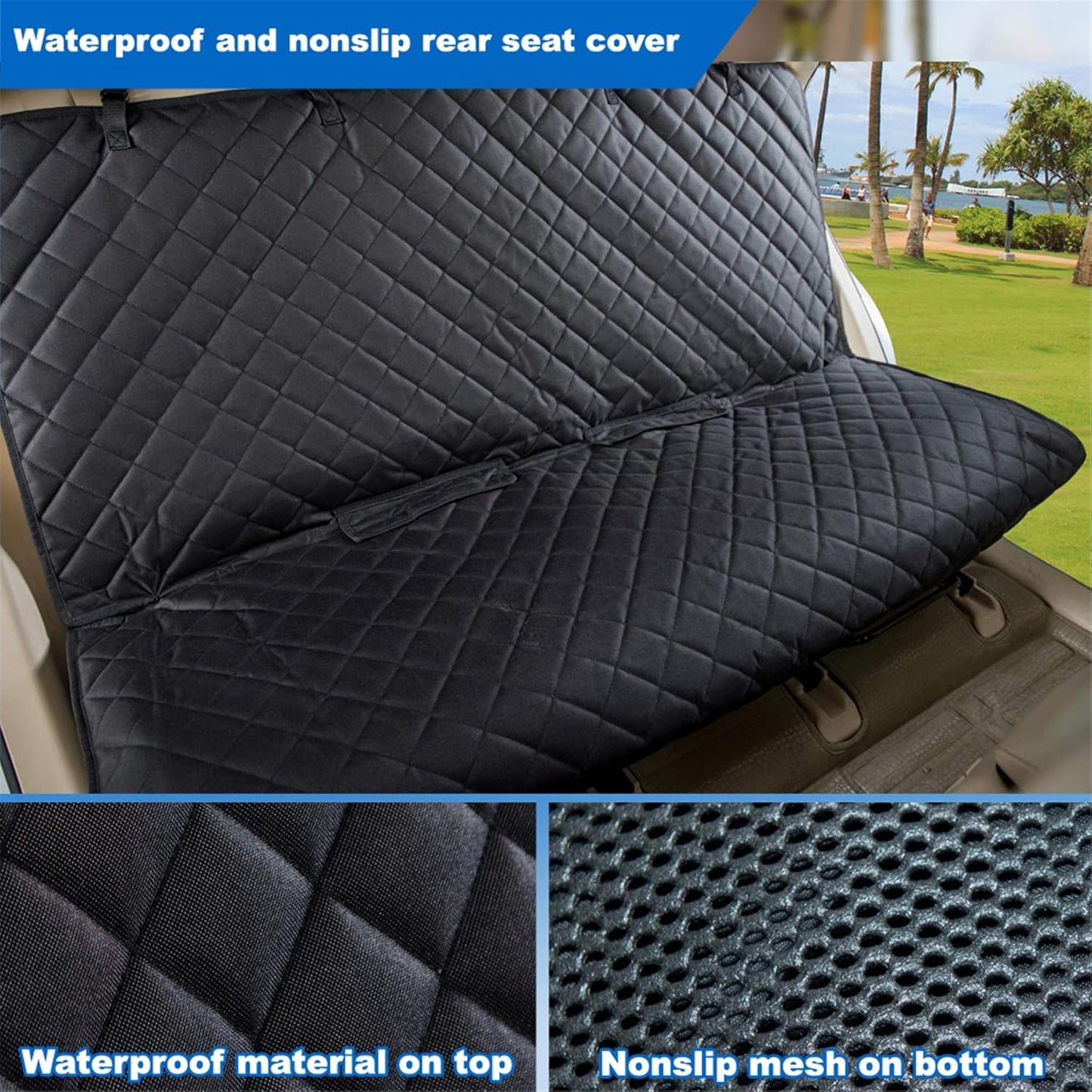 Heavy-Duty Waterproof Bench Car Seat Cover Protector - Nonslip Black Dog Back Seat Cover for Mud, Spills, and Scratches - Machine Washable with Universal Fit for Vehicles, Trucks, and SUVs
