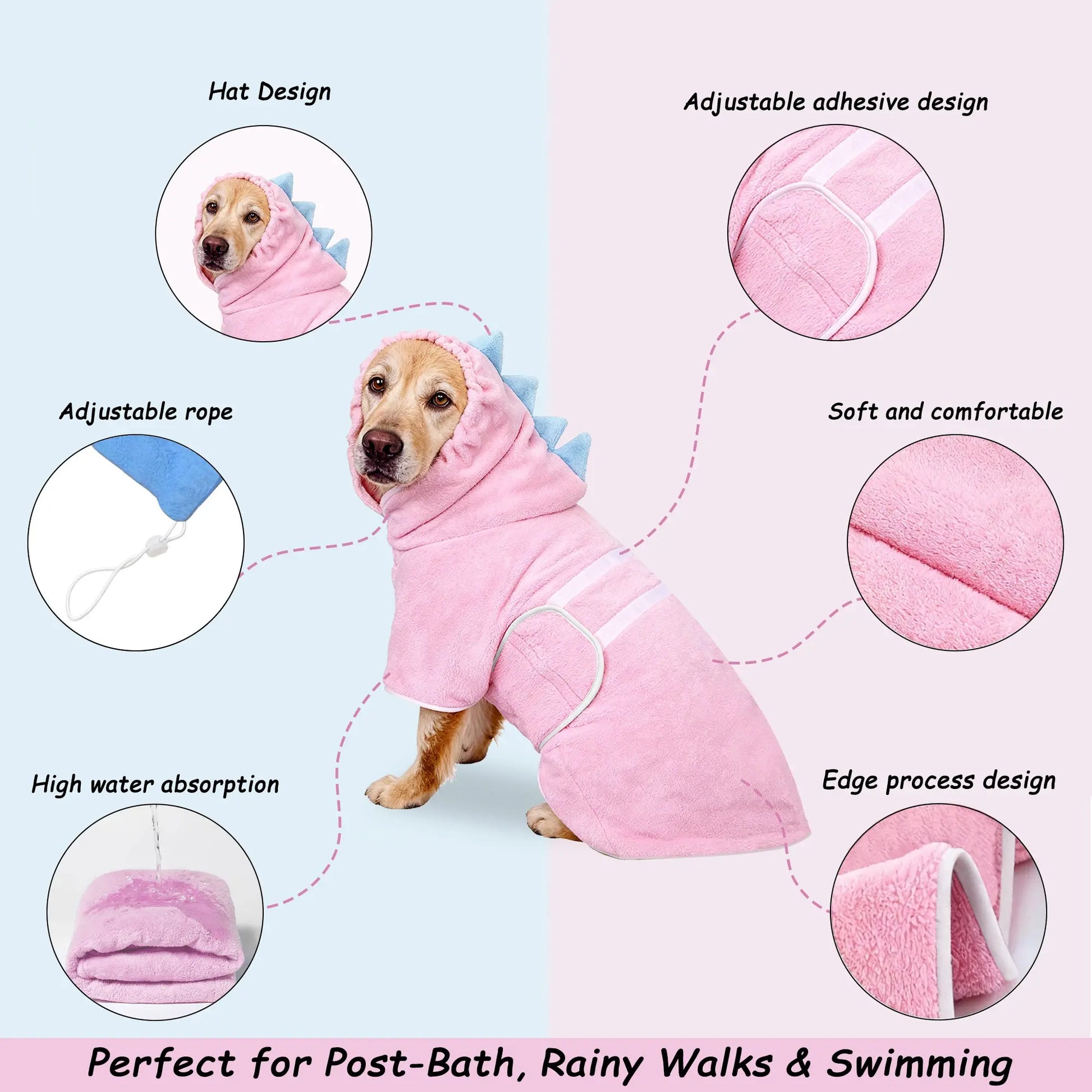 Dinosaur-Themed Quick-Dry Super-Absorbent Dog Bathrobe with Adjustable Straps - Available in Multiple Sizes for Small, Medium, and Large Dogs