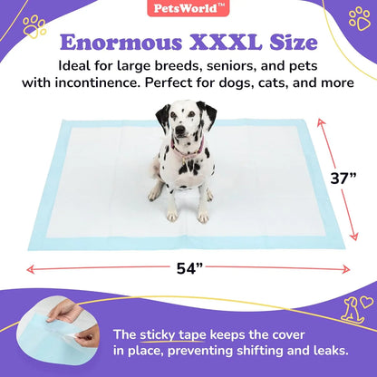 Petsworld Extra Large Dog Training and Potty Pads, 37 x 54 Inches - Durable Tear-Resistant Design with Leak-Proof Backing and Optional Adhesive Tape