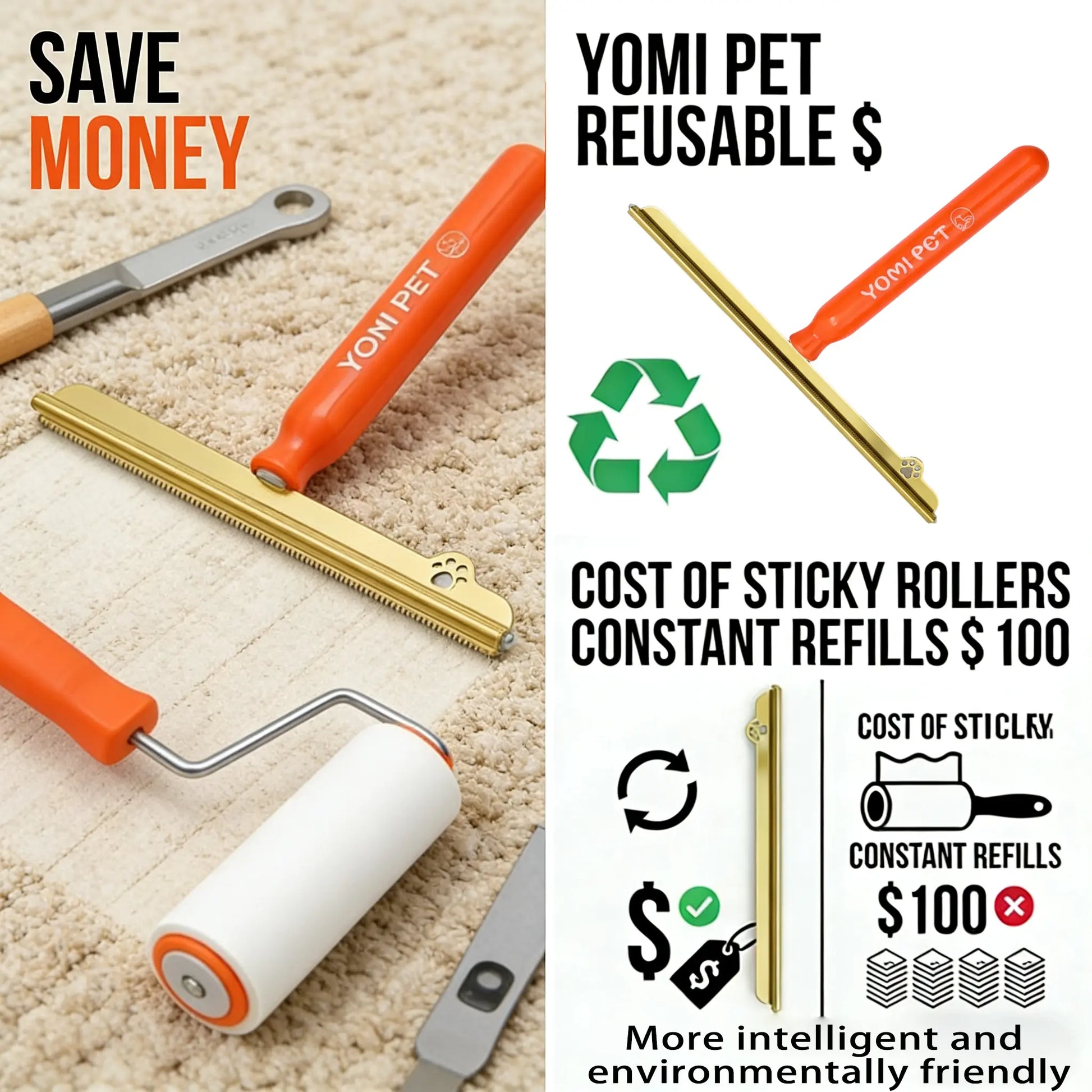 YOMI PET Reusable Car Mat Hair Remover Brush for Efficient Pet Hair Cleaning on Rugs and Mats