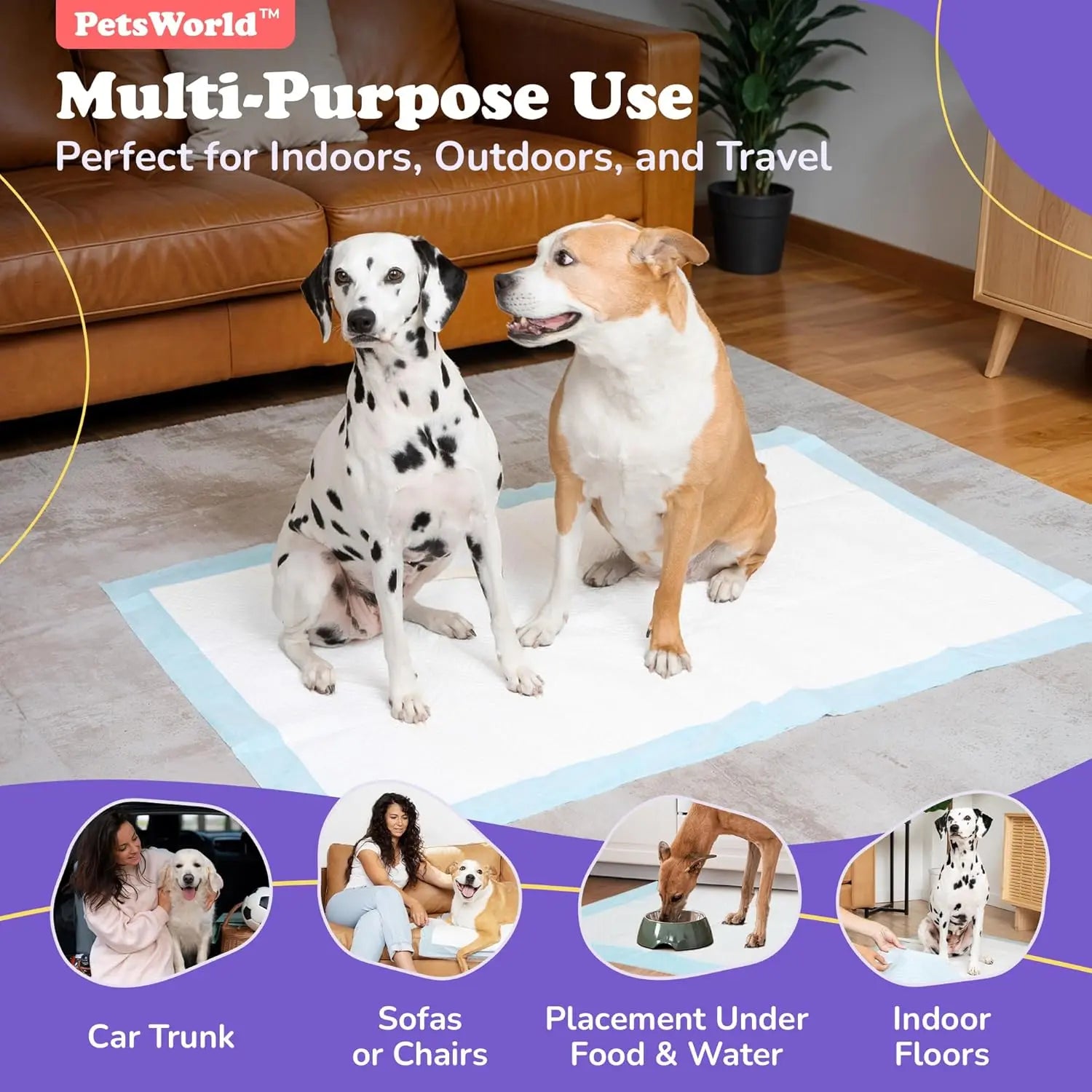 Petsworld Extra Large Dog Training and Potty Pads, 37 x 54 Inches - Durable Tear-Resistant Design with Leak-Proof Backing and Optional Adhesive Tape