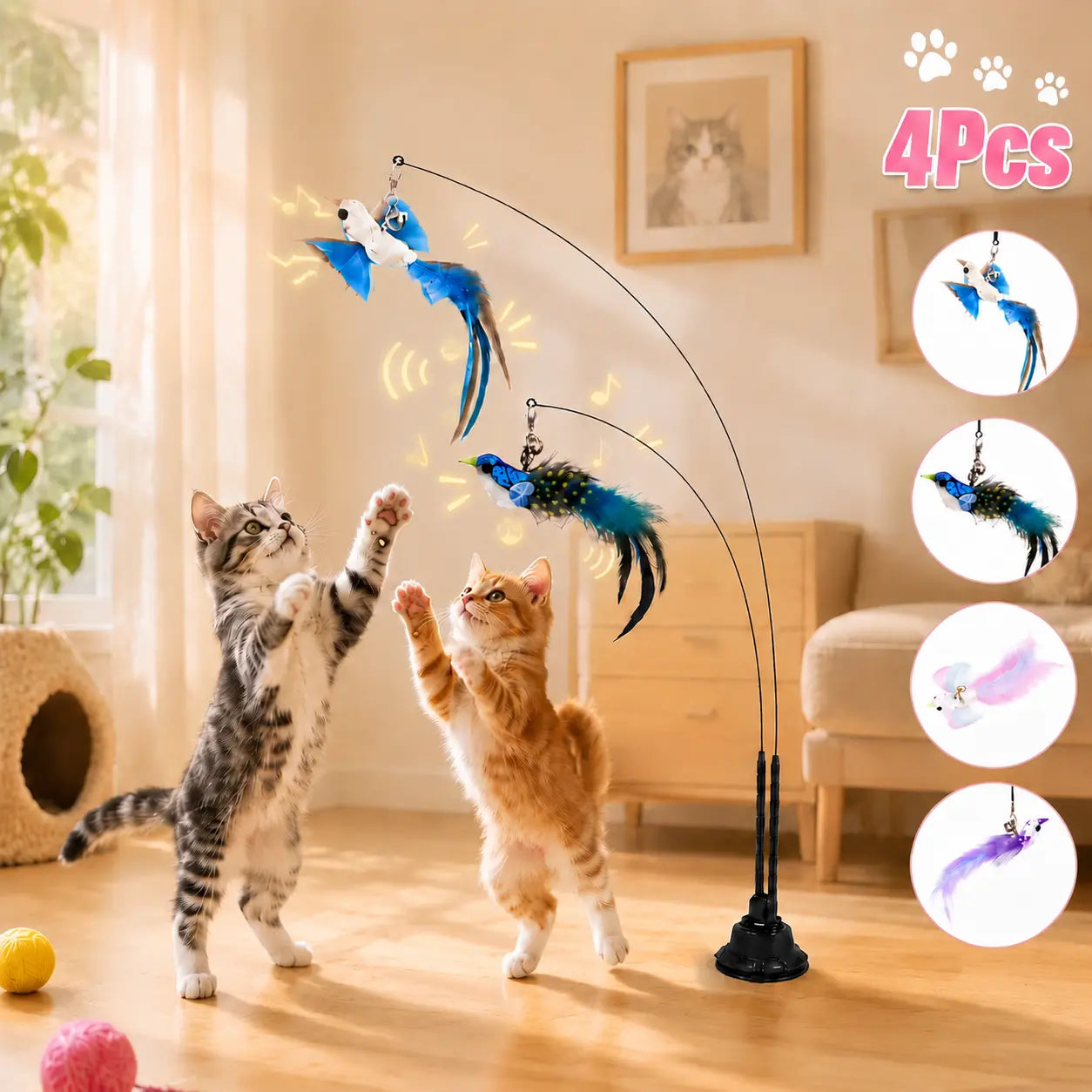 2-in-1 Interactive Cat Toy | Suction Cup Feather Wand with Dual Play Modes for Indoor Cats