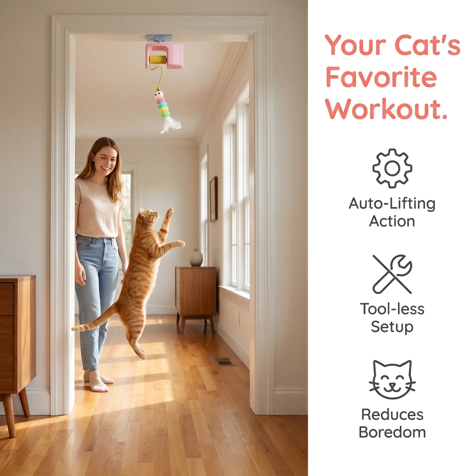 Interactive Retractable Bungee Cat Toy - Automatic USB Rechargeable Hanging Door Teaser for Indoor Play and Exercise