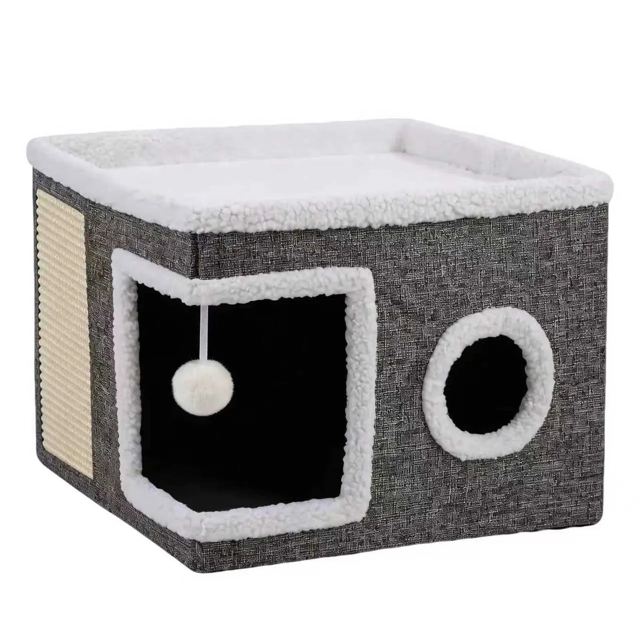 Premium Foldable Cat Cave Bed | Soft Indoor Hideaway with Scratch Pad & Hanging Plush Toy