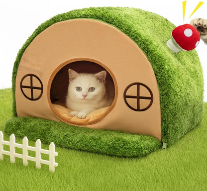 Crystal Velvet Enclosed Cat Bed - Cozy Hideaway Tent with Removable Washable Cushion and Anti-Slip Base for Indoor Cats