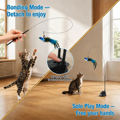 2-in-1 Interactive Cat Toy | Suction Cup Feather Wand with Dual Play Modes for Indoor Cats