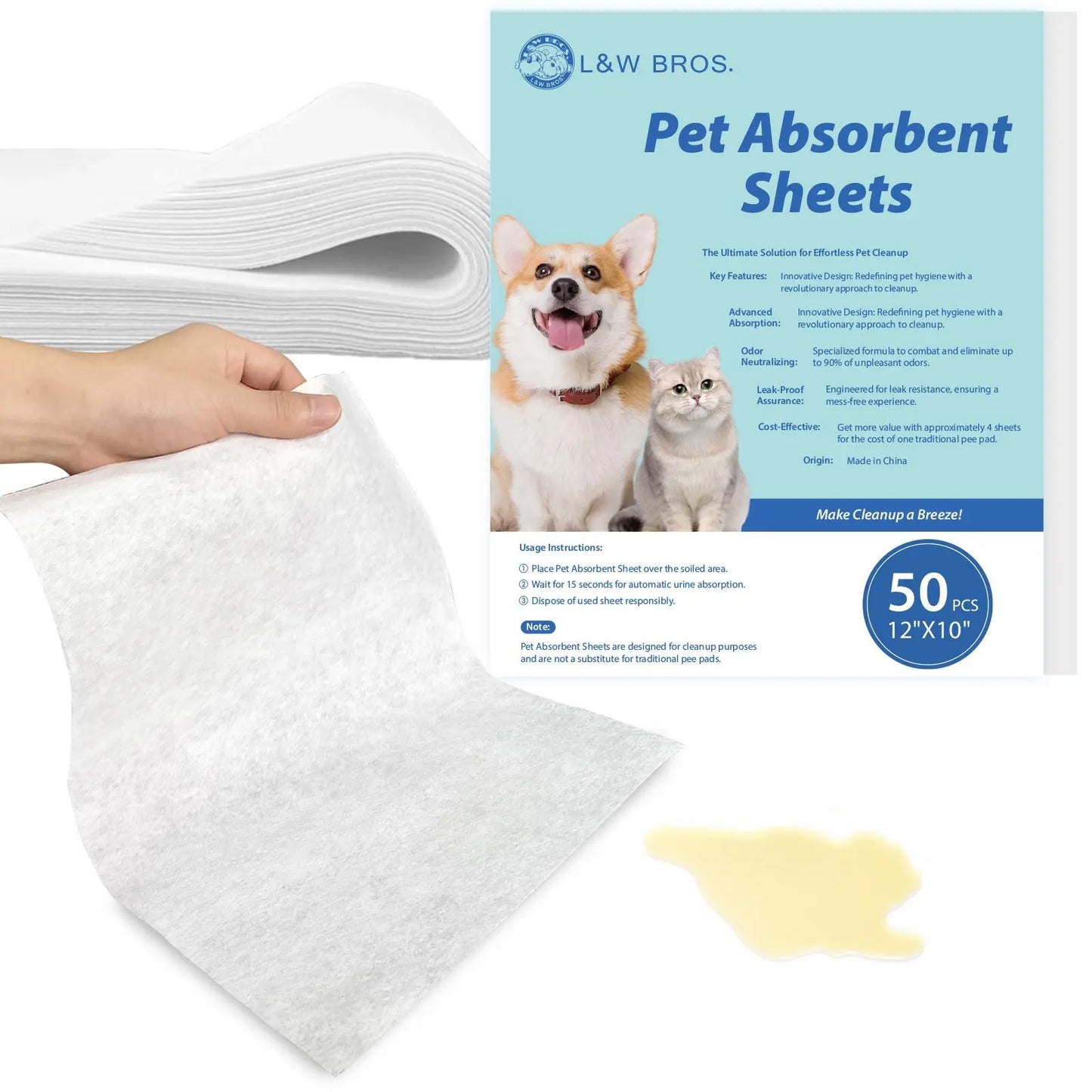 L&W BROS. Pet Absorbent Sheets for Emergency Dog Urine Cleanup on Hardwood Floors - Rapid Liquid Lock and Odor Control Solution